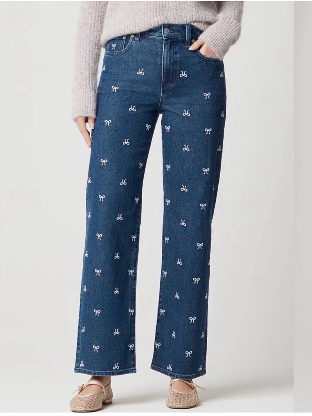 J. Crew Bow Embroidered Slim Wide-Leg Jean In All Day Stretch Size 32 Petite